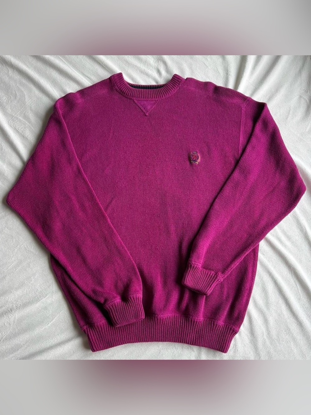 Vintage Tommy Hilfiger Women's Crewneck Sweater in Magenta Medium 100% Cotton